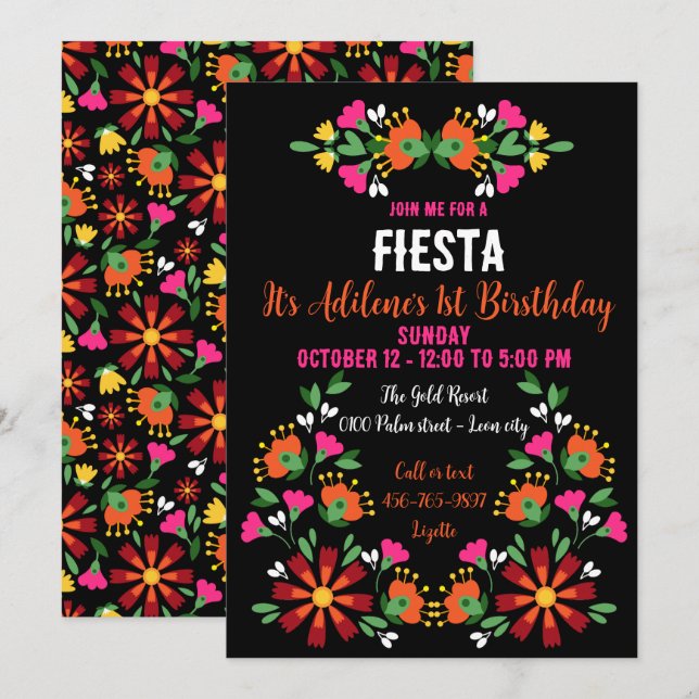 Invitación Flor étnica brillante Fiesta Bordado Mexicano (Anverso / Reverso)