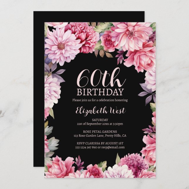 Invitación Flor floral Bloom Rubor Black 60 cumpleaños (Anverso / Reverso)