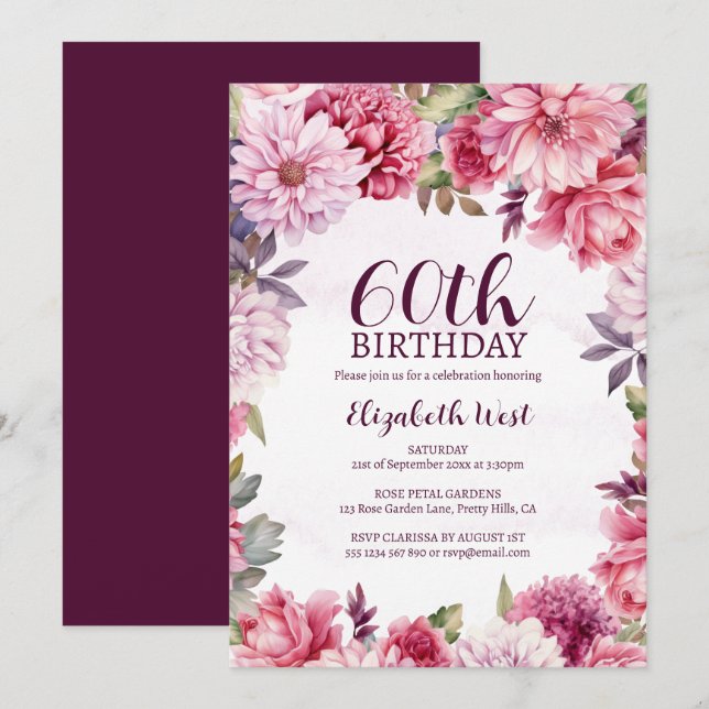 Invitación Flor floral Bloom Rubor Purple 60 cumpleaños (Anverso / Reverso)