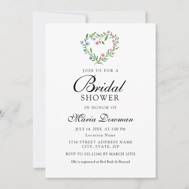 Invitación Flor floral cardíaca. Ducha nupcial moderna (Anverso)