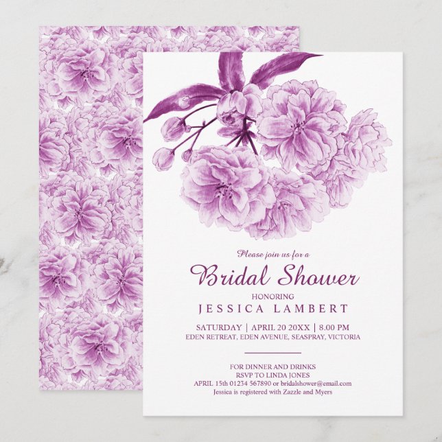 Invitación Flor floral primavera malva morada ducha de novia (Anverso / Reverso)