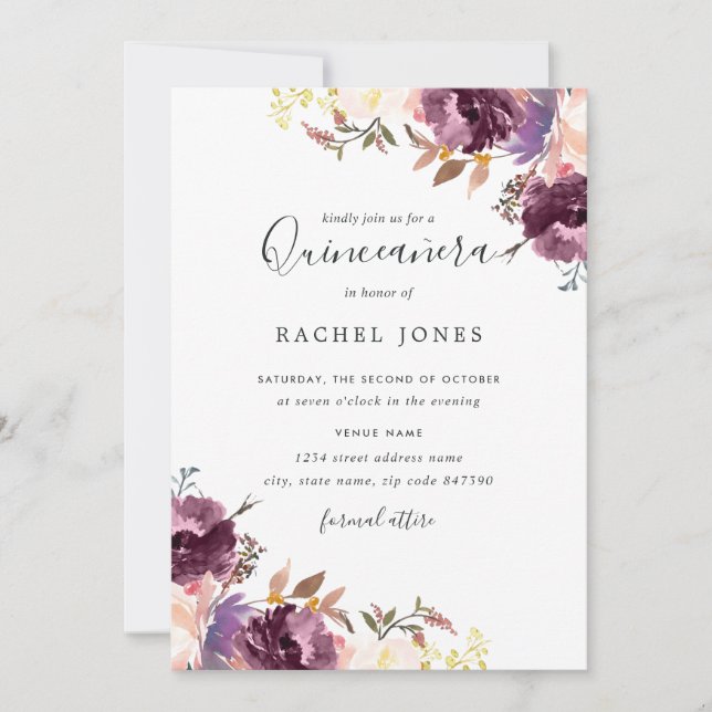 Invitación Flor Floral Purple Watercolor Quinceanera (Anverso)