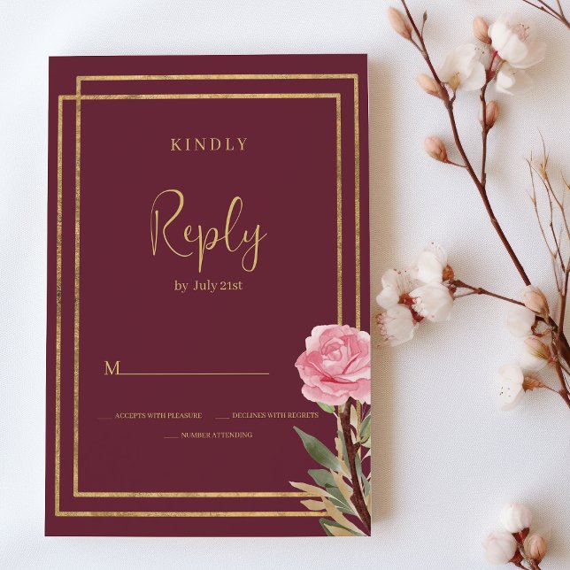 Invitación Flor geométrica de menta rosa de oro burdeos RSVP (Geometric burgundy gold pink mint flower RSVP)