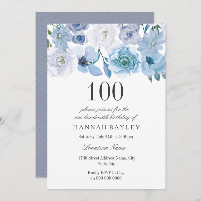 Invitación Flor gris azul de maravilla invita de cumpleaños n (Anverso / Reverso)