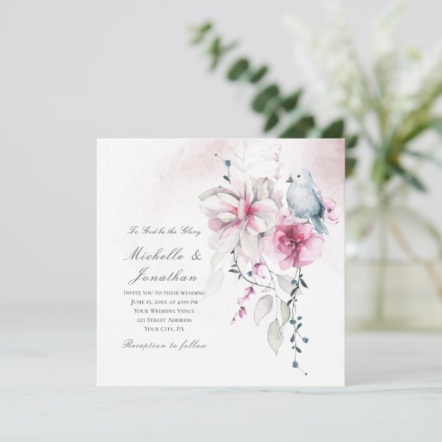 Invitación Flor gris rosa paloma blanca Boda cristiana (Anverso de pie)