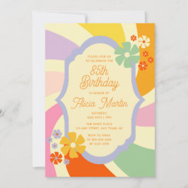 Invitación Flor Groovy Onda Retro 70 85º cumpleaños