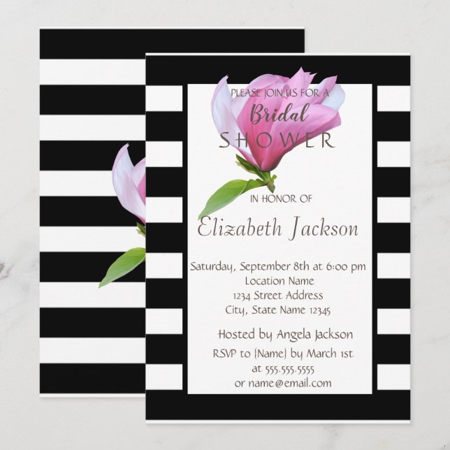 Invitación Flor, Magnolia Black Strips Bridal Shower (Anverso / Reverso)