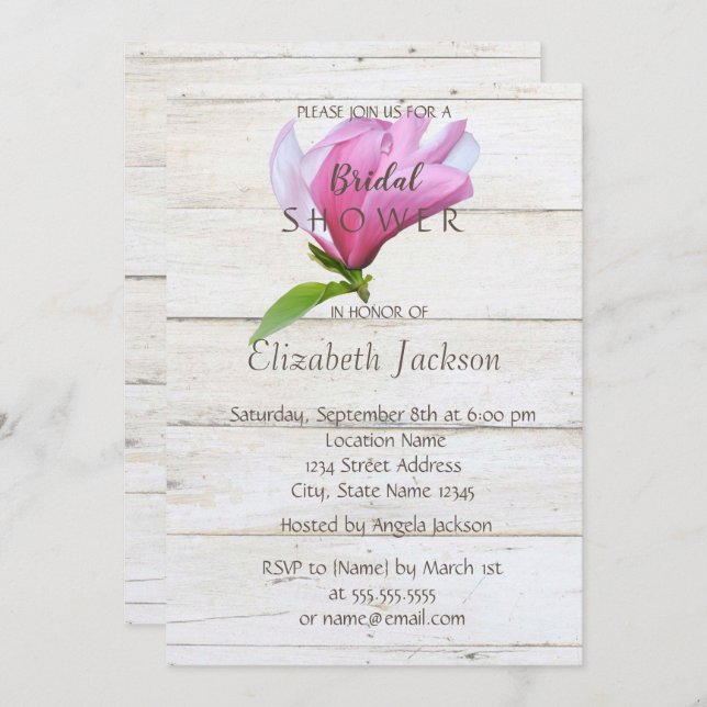 Invitación Flor,Magnolia Madera Textura Ducha de novia (Anverso / Reverso)