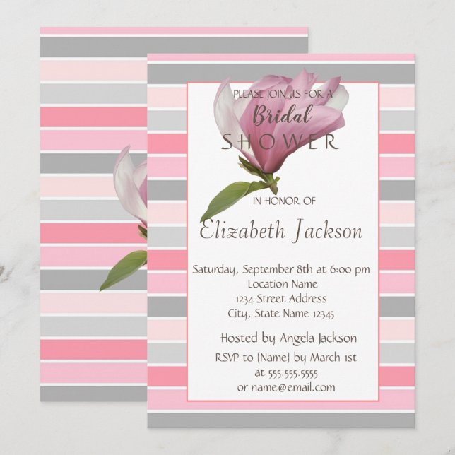 Invitación Flor, Magnolia  Rayas Despedida de Soltera (Anverso / Reverso)