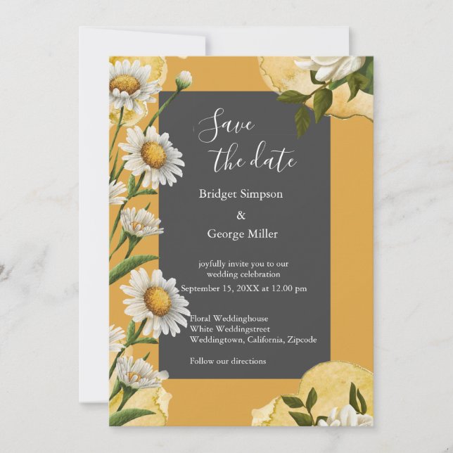 Invitación flor Margaret, naranja blanco retro de onyx negro (Anverso)