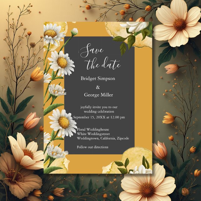 Invitación flor Margaret, naranja blanco retro de onyx negro (Subido por el creador)