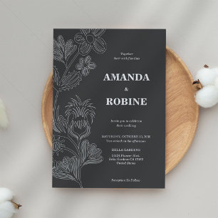 Invitación Flor Minimalista Boda blanco y negro