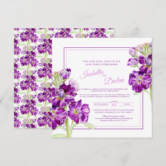 Invitación Flor morada acuarela boda de flujo vivo (Anverso / Reverso)