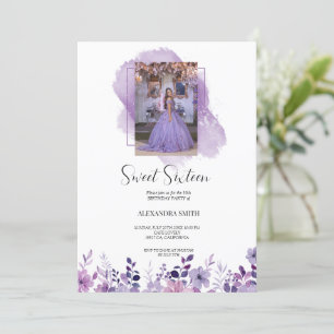 Invitación Flor morada con foto de cumpleaños