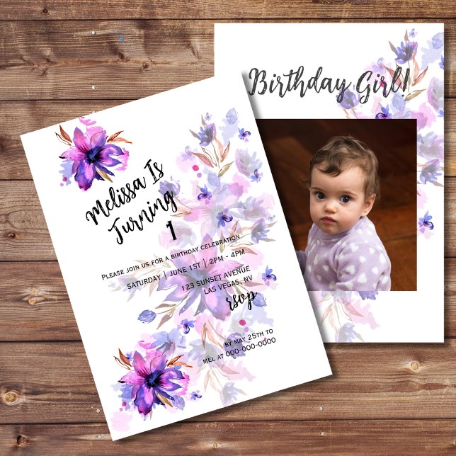 Invitación Flor morada de lavanda rosa foto de primer cumplea (Subido por el creador)