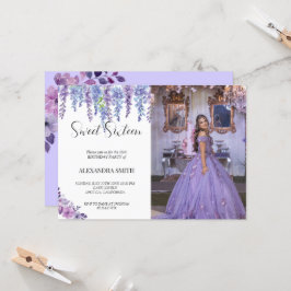 Invitación Flor morada dulce de dieciséis años con foto