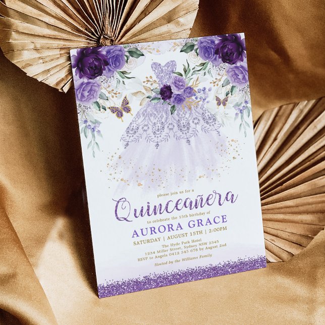 Invitación Flor morada Quinceañera Princesa Vestido Mariposa (Subido por el creador)