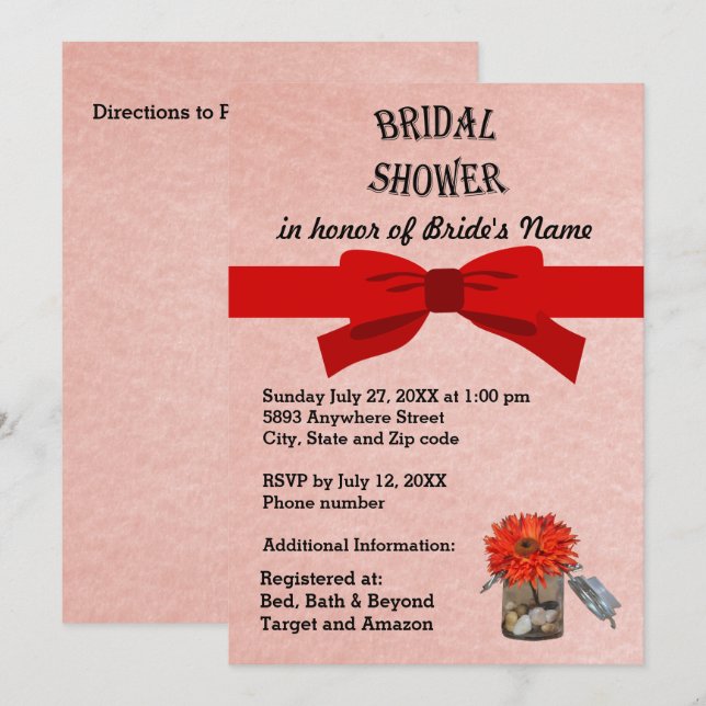 Invitación Flor Naranja de pergamino rosa en ducha de novia e (Anverso / Reverso)
