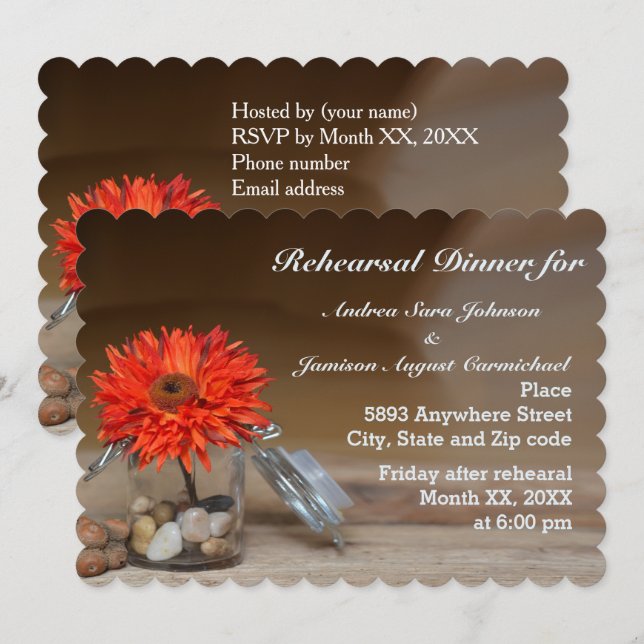 Invitación Flor naranja en la cena de ensayo de Mason Jar (Anverso / Reverso)