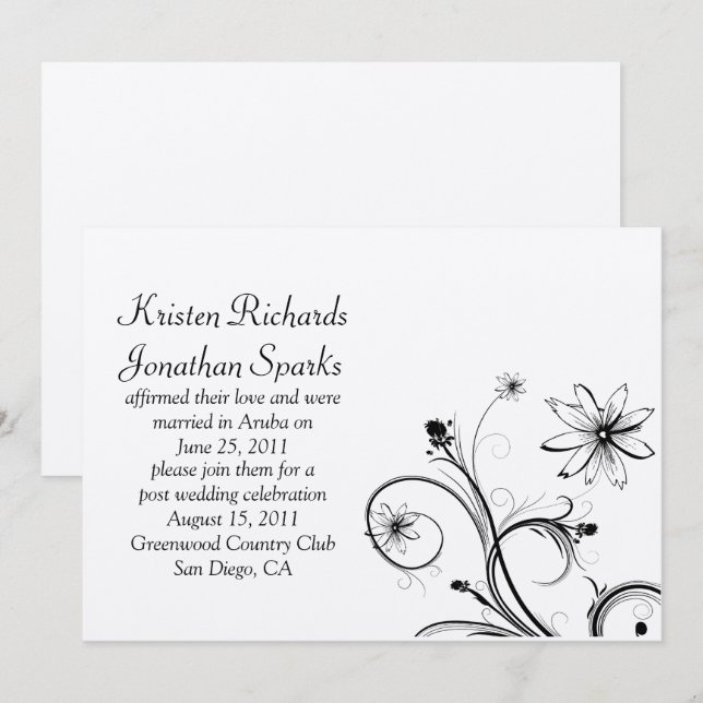 Invitación Flor negra y plateada Swirls Post Boda Celebr (Anverso / Reverso)