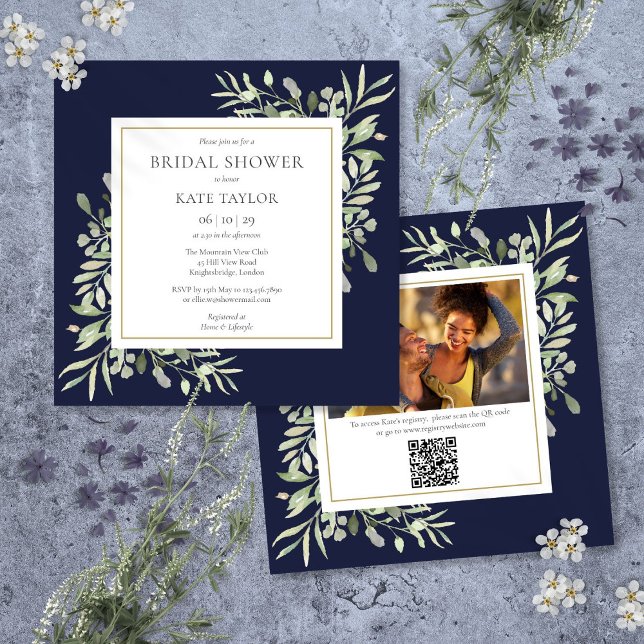 Invitación Flor nupcial azul marino Foto Código QR Ducha de n (Navy Blue Greenery Photo QR Code Bridal Shower Invitation)