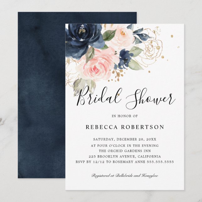 Invitación Flor nupcial rosa rosa rosa azul de la marina Rubo (Anverso / Reverso)