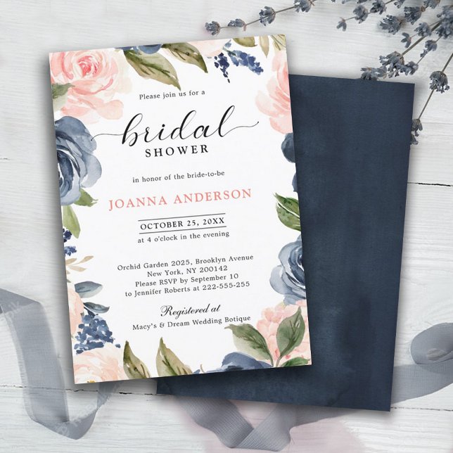 Invitación Flor nupcial rosa rosa rosa azul de la marina Rubo (Navy blue blush pink bridal shower invitation)