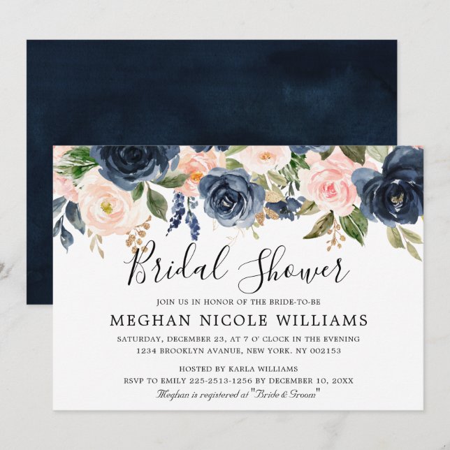 Invitación Flor nupcial rosa rosa rosa azul de la marina Rubo (Anverso / Reverso)