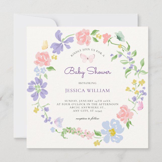 Invitación Flor pastel con mariposas ducha bebé (Anverso)