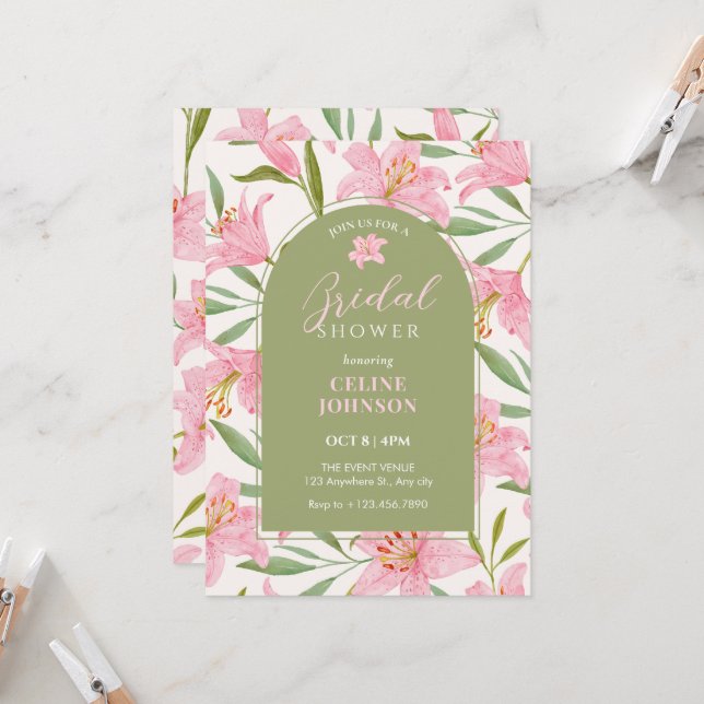 Invitación Flor pastel lirio lirio rosa verde ducha de novia (Anverso/Reverso In Situ)