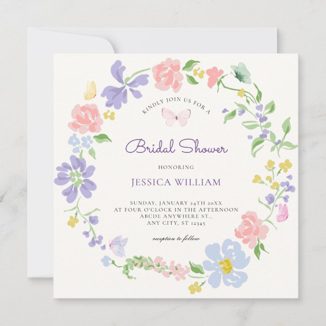 Invitación Flor pastel mariposas de flores ducha de novia (Anverso)