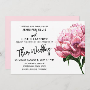 Invitación Flor peony color agua rosa, Boda moderno