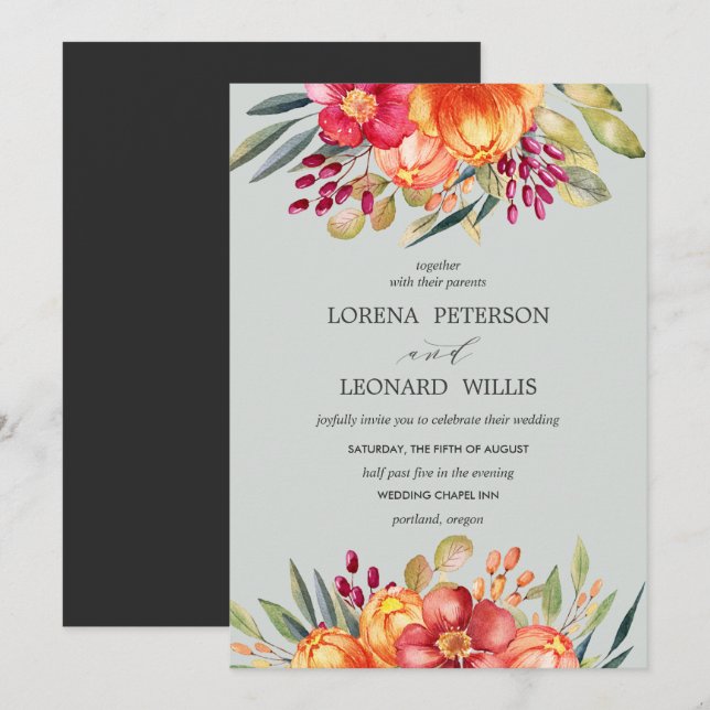 Invitación Flor pintada moderna ELEGANTE Rústica Gris vertica (Anverso / Reverso)