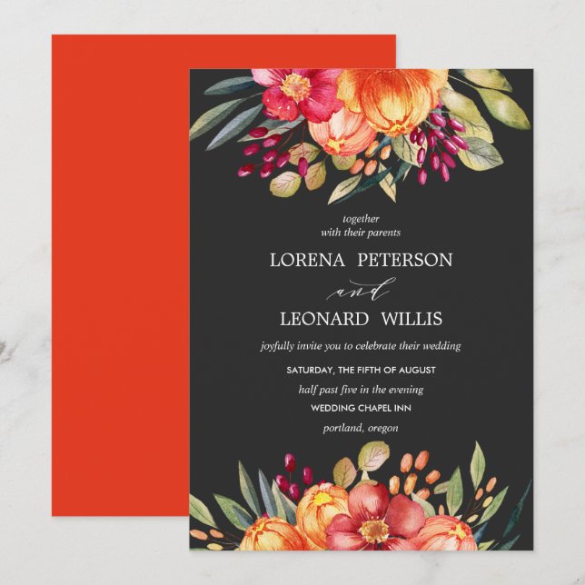 Invitación Flor pintada Naranja rústico moderno y ELEGANTE gr (Anverso / Reverso)