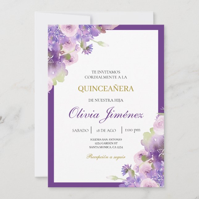 Invitación Flor púrpura quinceañera (Anverso)