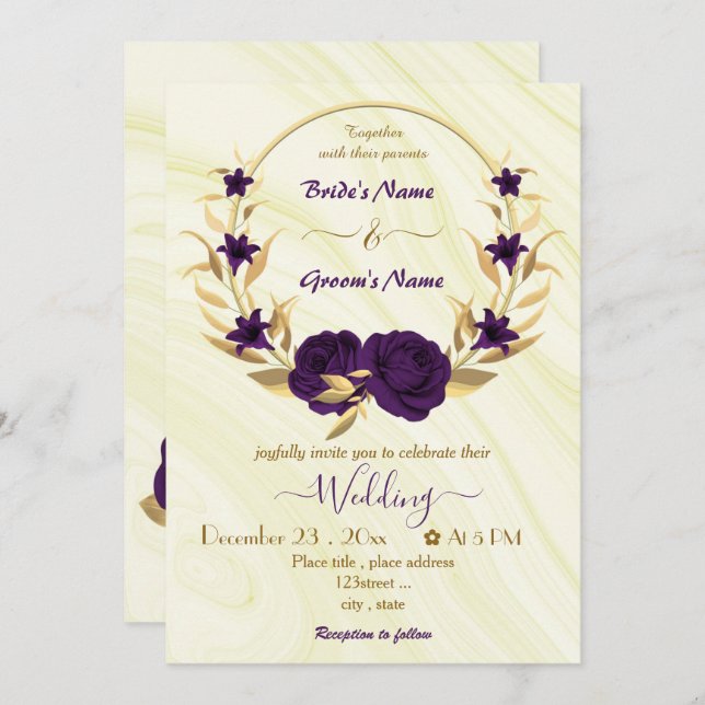 Invitación flor púrpura real corona de oro (Anverso / Reverso)