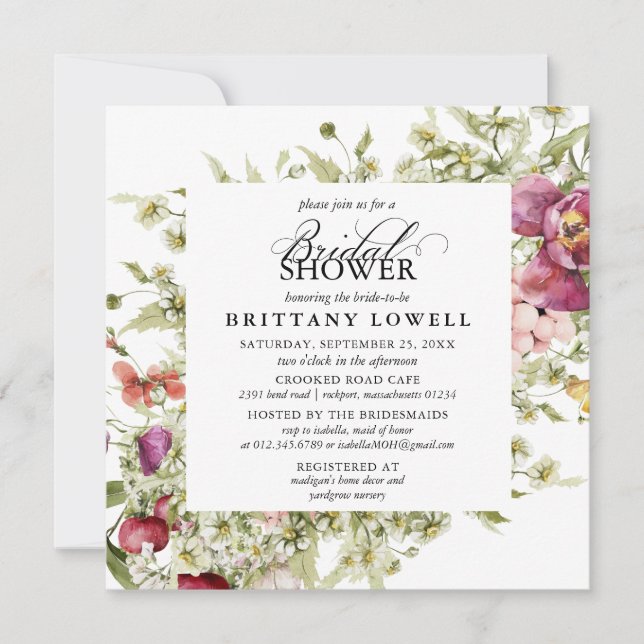 Invitación Flor Púrpura Rusa Daisy Blanco Ducha Bridal Inv (Anverso)