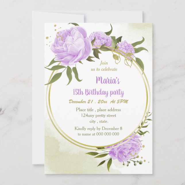 Invitación flor púrpura vegetación fiesta de cumpleaños de wr (Anverso)