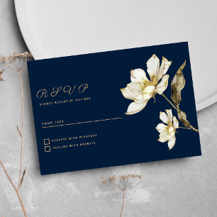 Invitación Flor purpurina blanco dorado azul marino de lujo R