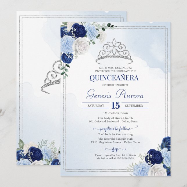 Invitación Flor Quinceañera, Rosa de plata azul de la Marina  (Anverso / Reverso)