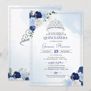 Invitación Flor Quinceañera, Rosa de plata azul de la Marina 