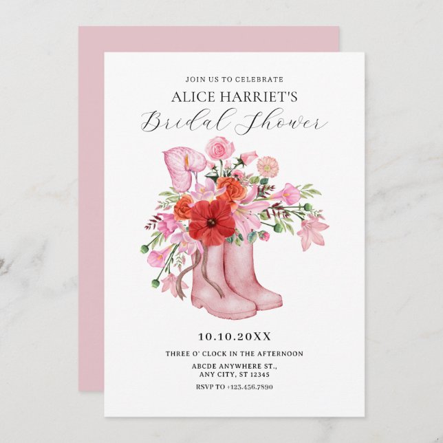 Invitación Flor ramo de botas rosas ducha de novia (Anverso / Reverso)