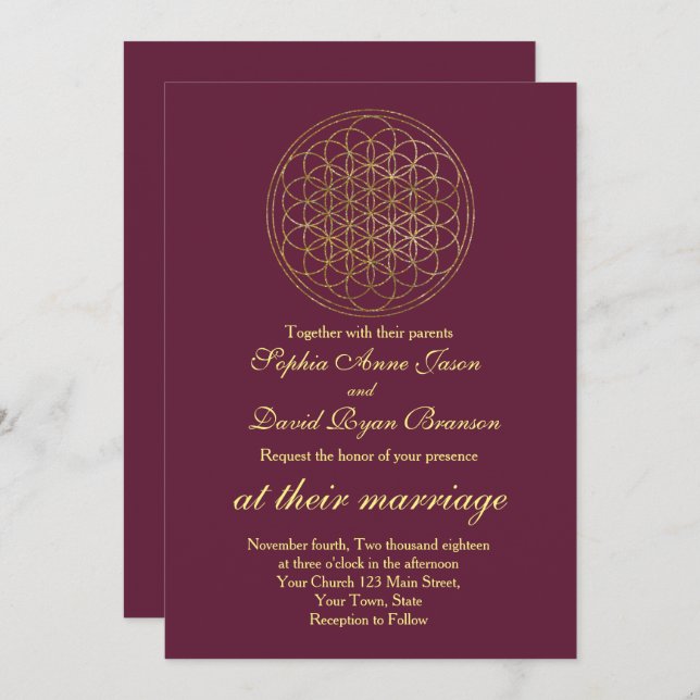 Invitación Flor real de oro de Boda de Geometría Sagrada de l (Anverso / Reverso)