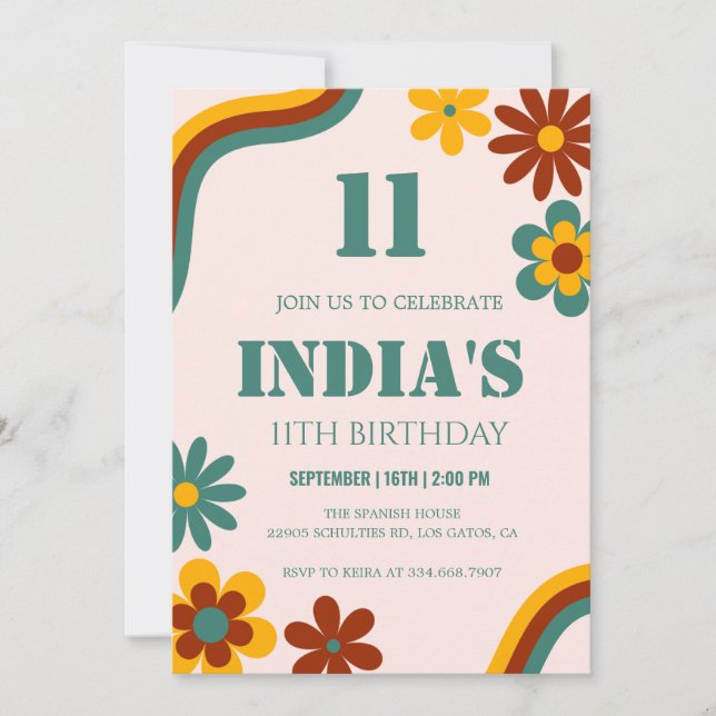 Invitación Flor retro 11º cumpleaños (Anverso)
