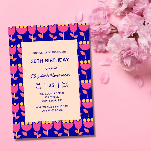 Invitación Flor retro geométrica Bauhaus Blue Birday (Subido por el creador)