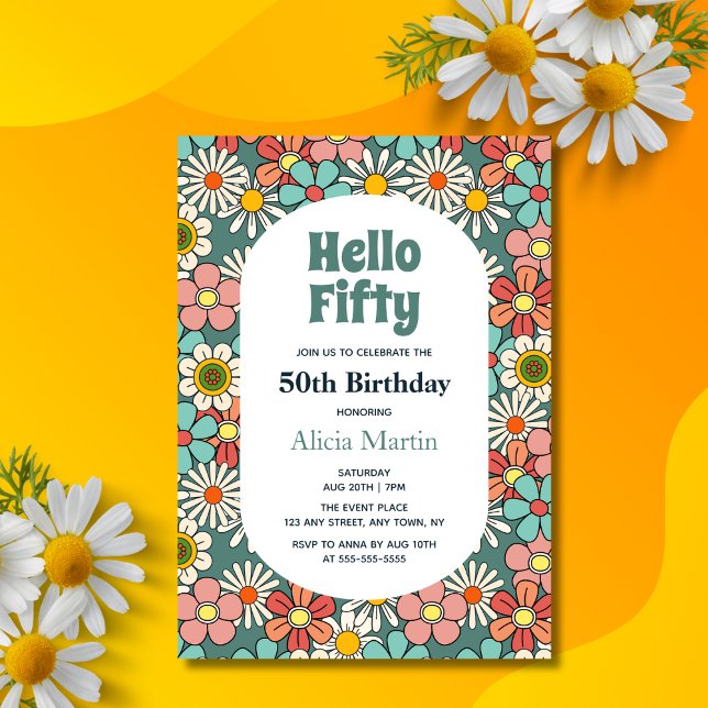 Invitación Flor Retro Hippie Groovy Hola Cincuenta Cumpleaños (Subido por el creador)