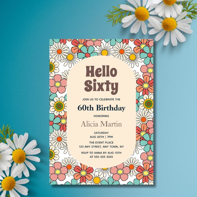 Invitación Flor retro Hippie Groovy Hola Sesenta cumpleaños (Subido por el creador)