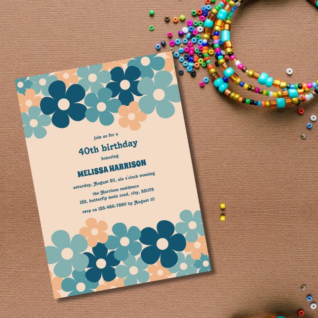 Invitación Flor Retro Peach Green Boho 40 cumpleaños (Subido por el creador)