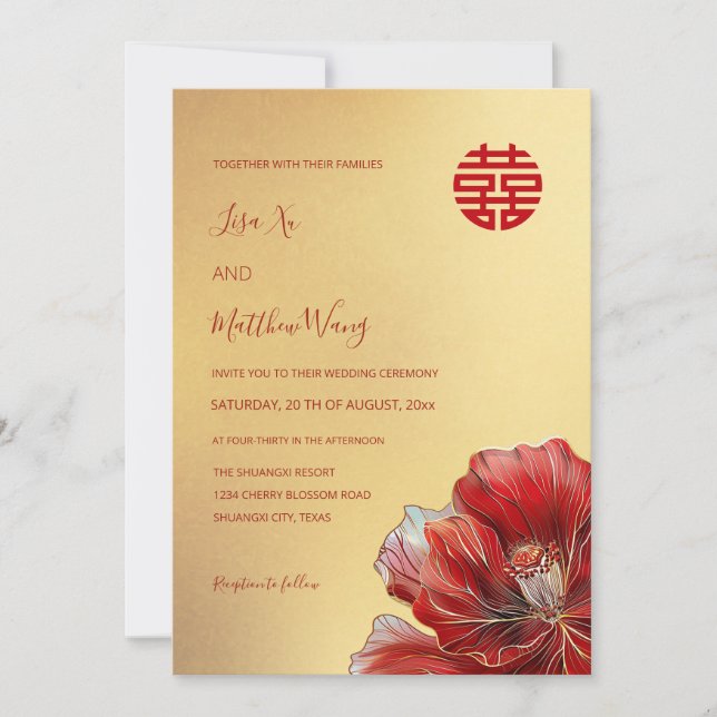 Invitación Flor roja bilingüe | Boda chino (Anverso)