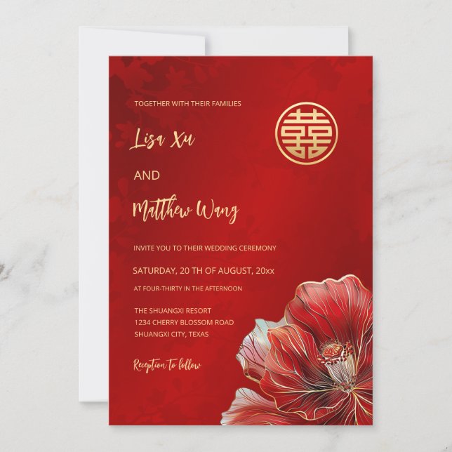 Invitación Flor roja bilingüe | Boda chino (Anverso)